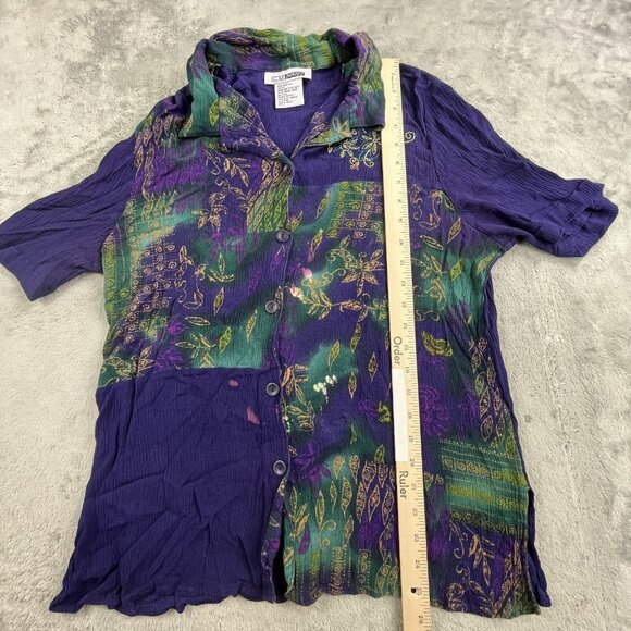 C M Shapes Shirt Women's Large Purple Short Sleeve Button Up Floral Print Rave - Picture 4 of 6